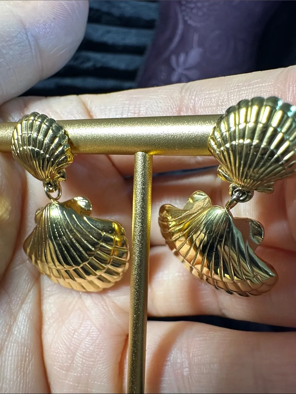 Kenneth Jay Lane Gold Shell Double-Drop Earrings - Picture 4 of 8
